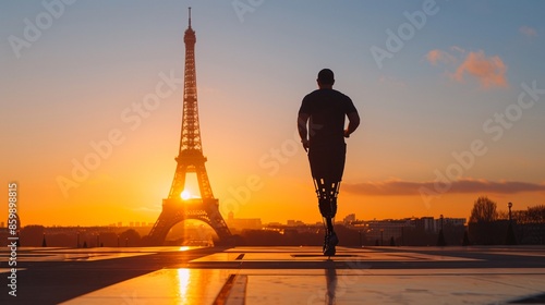 Runner with prosthetic legs jogging in front of the Eiffel Tower at sunrise, clear sky, vibrant lighting, detailed textures, high resolution