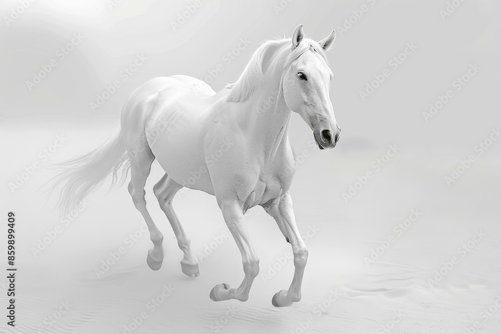 there is a white horse running in the sand on a white background there is a white horse running in the sand on a white background