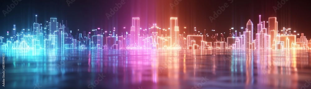 Abstract digital cityscape with colorful lights and reflection representing futuristic urban technology and modern architecture. Abstract digital cityscape with colorful lights and reflection representing futuristic urban technology and modern architecture.