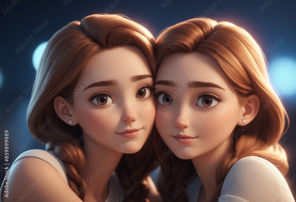 Close-up digital image of two young women with brown hair and eyes, smiling warmly. Family, friendship, or sisterhood themes. Close-up digital image of two young women with brown hair and eyes, smiling warmly. Family, friendship, or sisterhood themes.