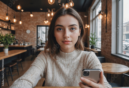 Beautiful woman in casual clothes making sefie with mobile phone against cozy cafe background. Fashionable young female making photo of herself. Using modern technology for internet social networks photo