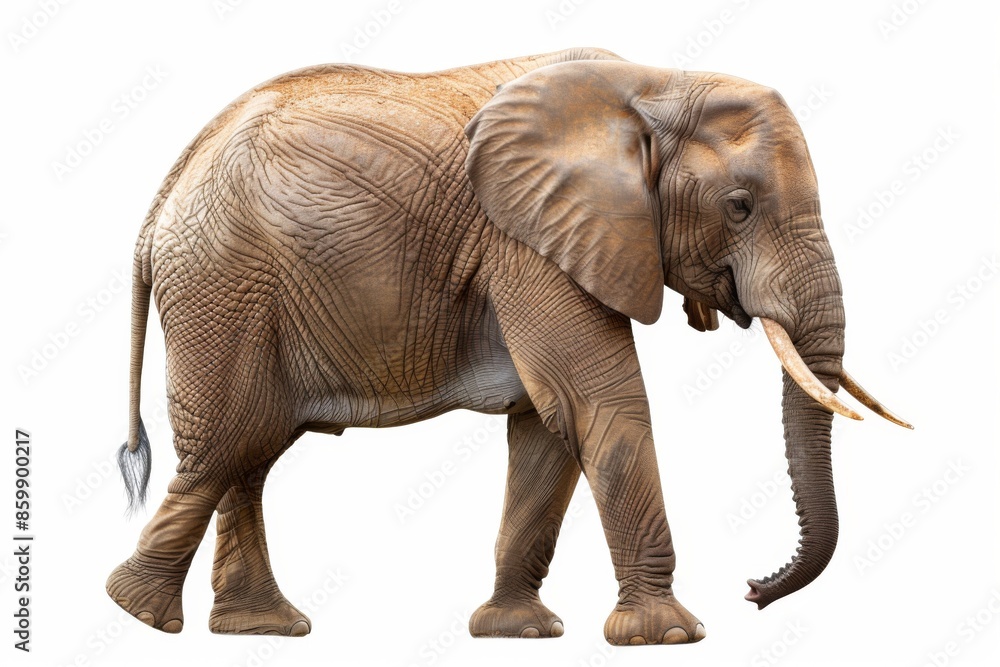Obraz premium A large elephant is walking across a white background