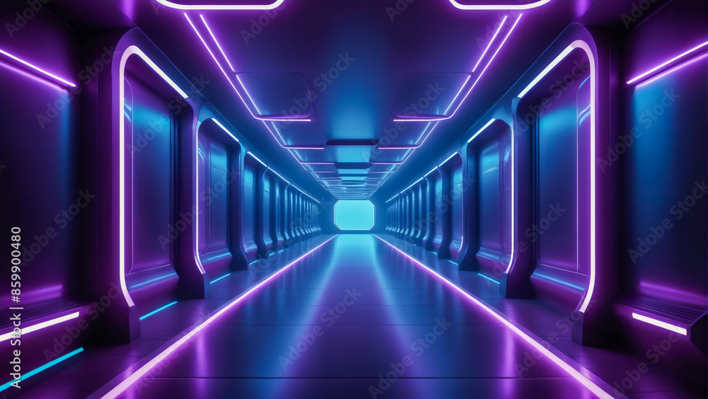 A long futuristic tunnel interior with glowing neon lights in shades of blue and purple, creating an abstract, sci-fi atmosphere. Technology, virtual reality, or energy concepts. A long futuristic tunnel interior with glowing neon lights in shades of blue and purple, creating an abstract, sci-fi atmosphere. Technology, virtual reality, or energy concepts.