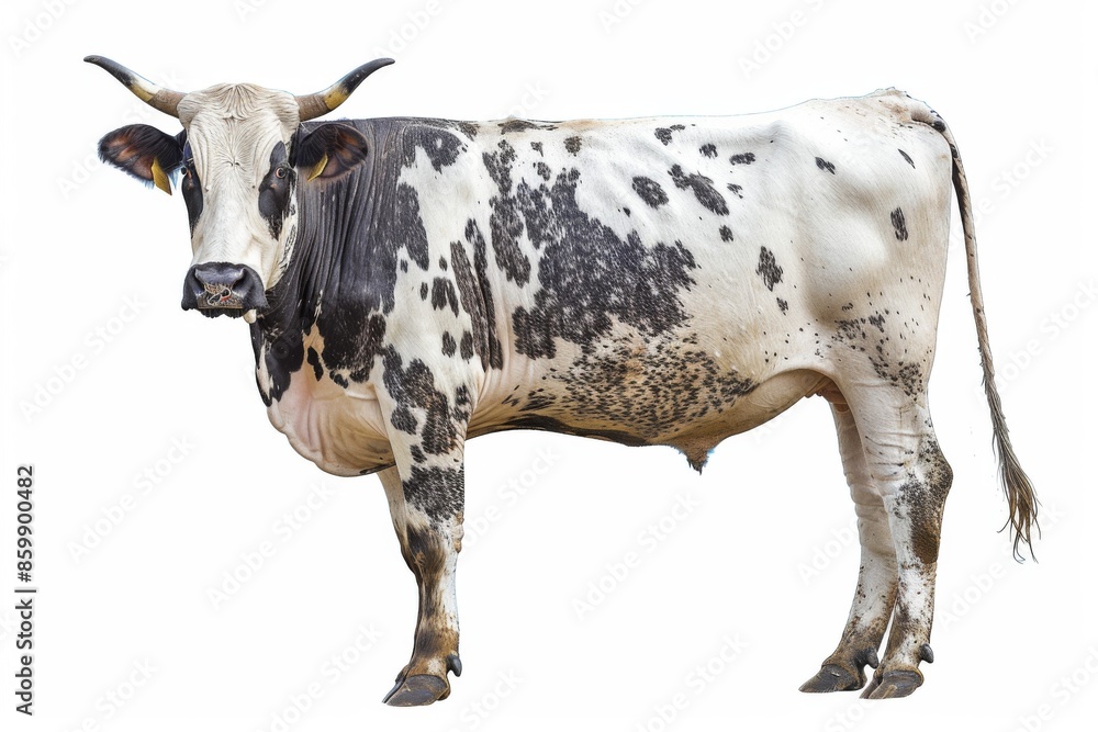 A cow with a white and black coat stands in front of a white background A cow with a white and black coat stands in front of a white background