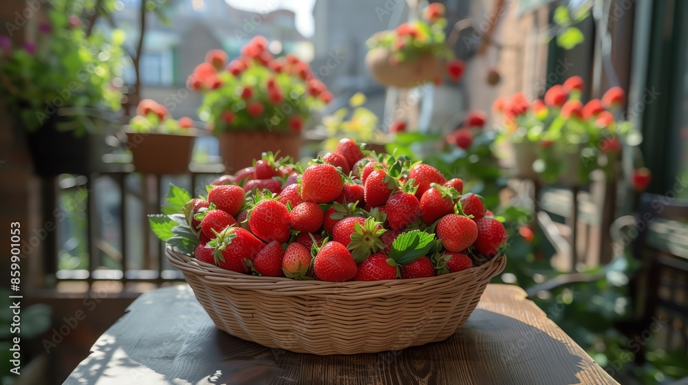 Freshly picked strawberries in a wicker basket on a wooden table. Freshly picked strawberries in a wicker basket on a wooden table.