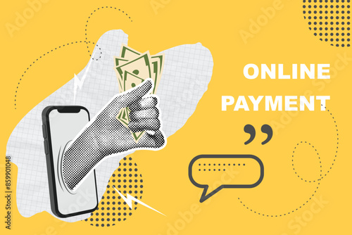 Fashionable halftones collage business concept. Concept of saving, online payment, collecting money. Trendy modern retro illustration on financial theme.