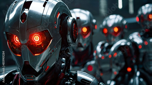 A group of sleek, red-lit robots in futuristic urban environment. Futuristic Robots in a Cyberpunk Setting
