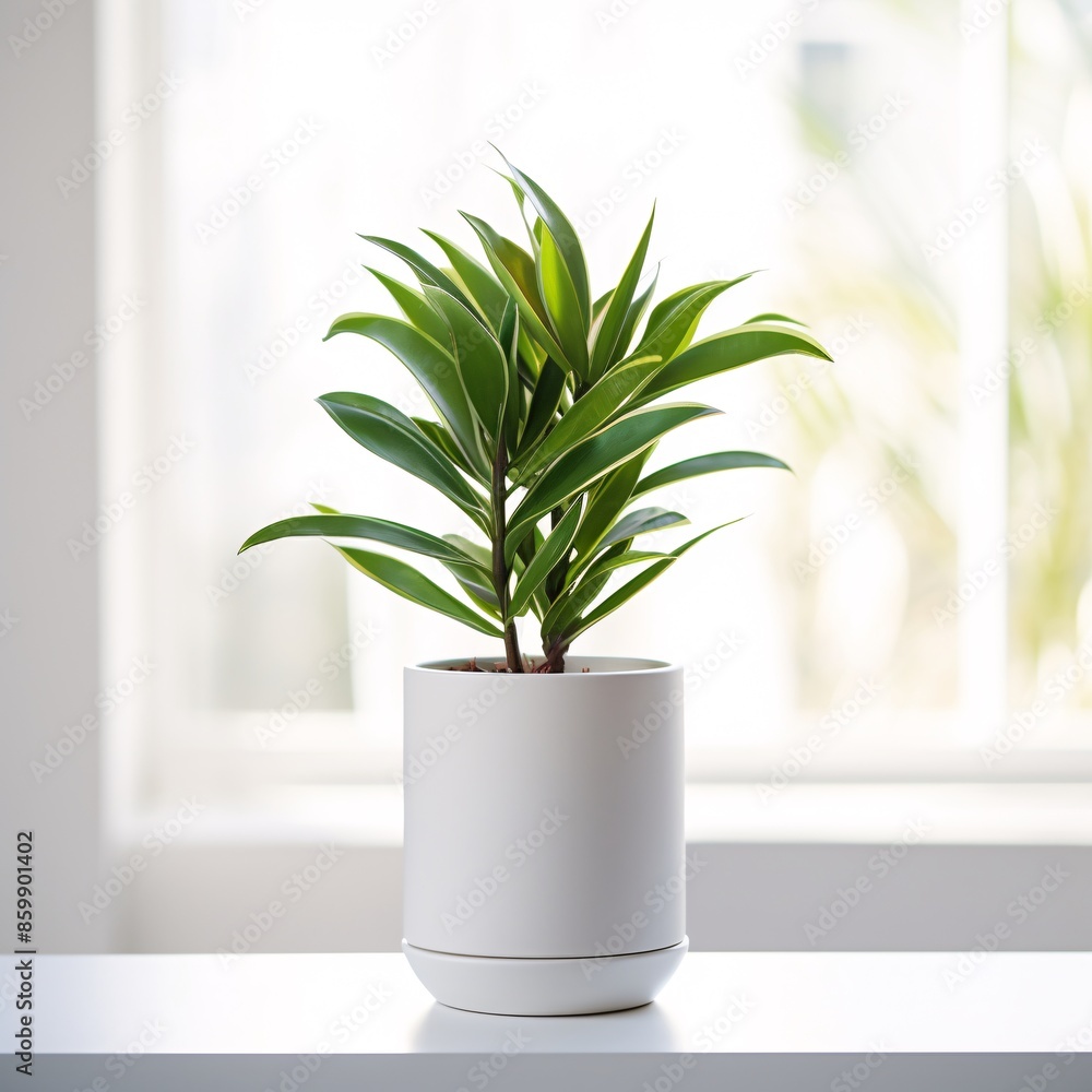 Minimalist Indoor Plant in White Pot by Sunlit Window Minimalist Indoor Plant in White Pot by Sunlit Window