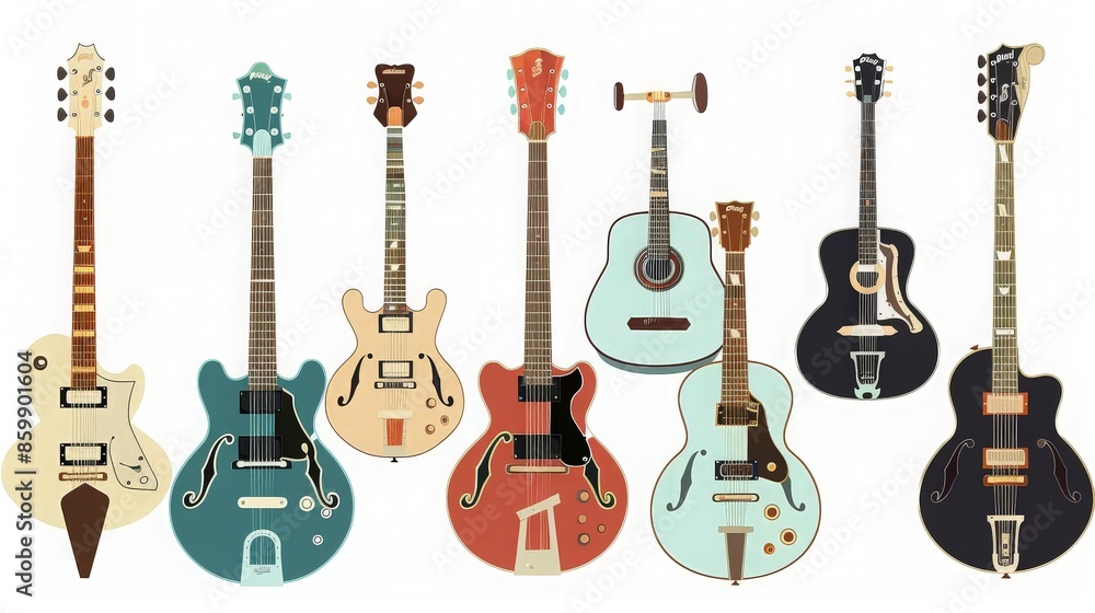 Naklejka premium Collection of Vintage Guitars on White Background