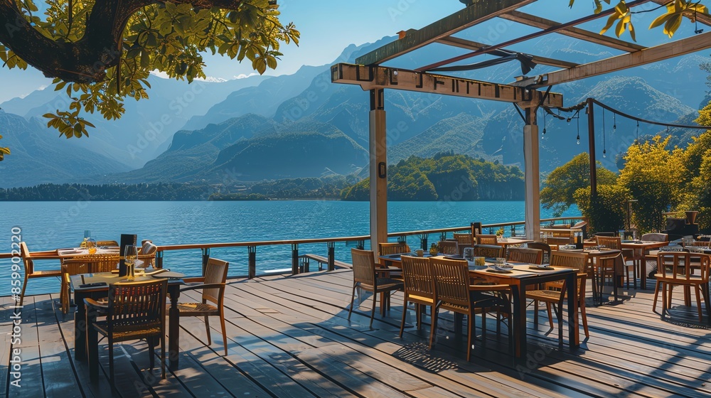Outdoor dining with a beautiful view of a lake and mountains. Outdoor dining with a beautiful view of a lake and mountains.
