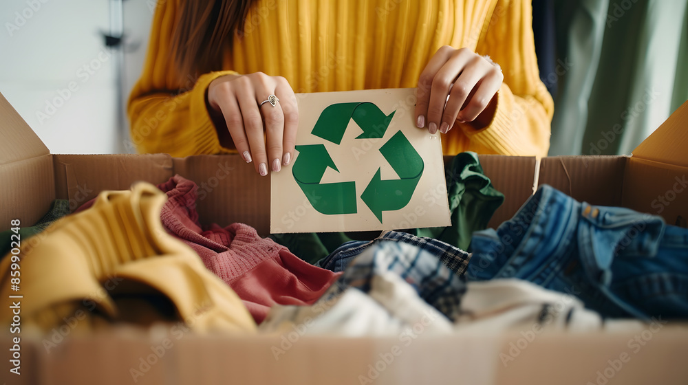 Woman packing box with used wardrobe and card with circular economy ...