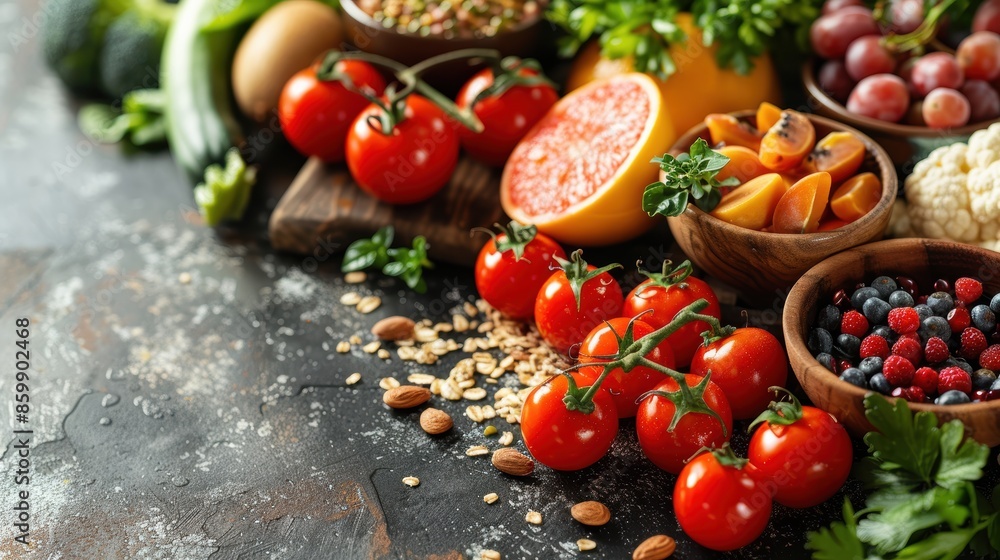 A variety of healthy food including fruits, vegetables, and grains. A variety of healthy food including fruits, vegetables, and grains.