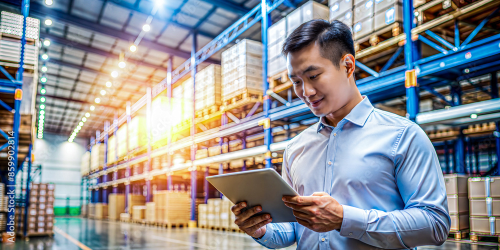 Warehouse manager with tablet inspecting stock Warehouse manager with tablet inspecting stock
