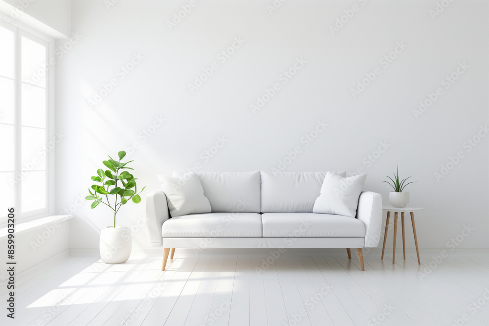 A modern white sofa with pillows, accompanied by a potted plant and natural light filling the room, showcasing minimalist elegance with copy space for mockup A modern white sofa with pillows, accompanied by a potted plant and natural light filling the room, showcasing minimalist elegance with copy space for mockup