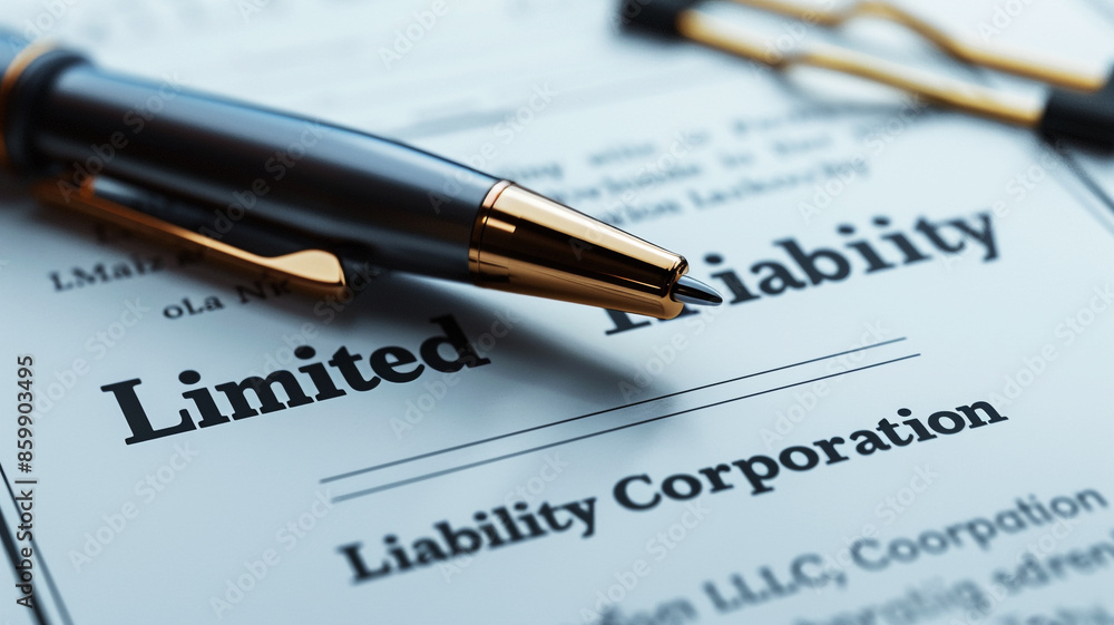 Close-up of Limited Liability Corporation document with pen, illustrating business registration and formality. Close-up of Limited Liability Corporation document with pen, illustrating business registration and formality.