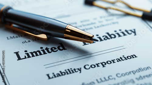 Close-up of Limited Liability Corporation document with pen, illustrating business registration and formality.