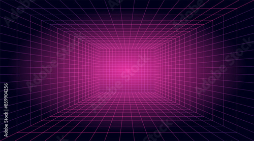 Abstract vibrant neon pink color corridor stretching into the distance. 3D perspective laser grid. Cyberspace background with pink mesh. Futuristic digital hallway space in virtual reality.