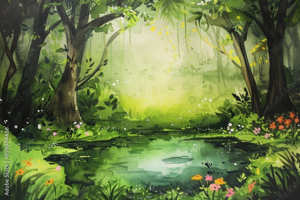 Serene forest scene with a tranquil pond surrounded by lush greenery and vibrant flowers under the sunlight. Serene forest scene with a tranquil pond surrounded by lush greenery and vibrant flowers under the sunlight.