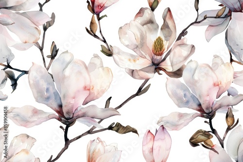 Seamless pattern of beautiful pink and white magnolia flowers in watercolor style on a white background.