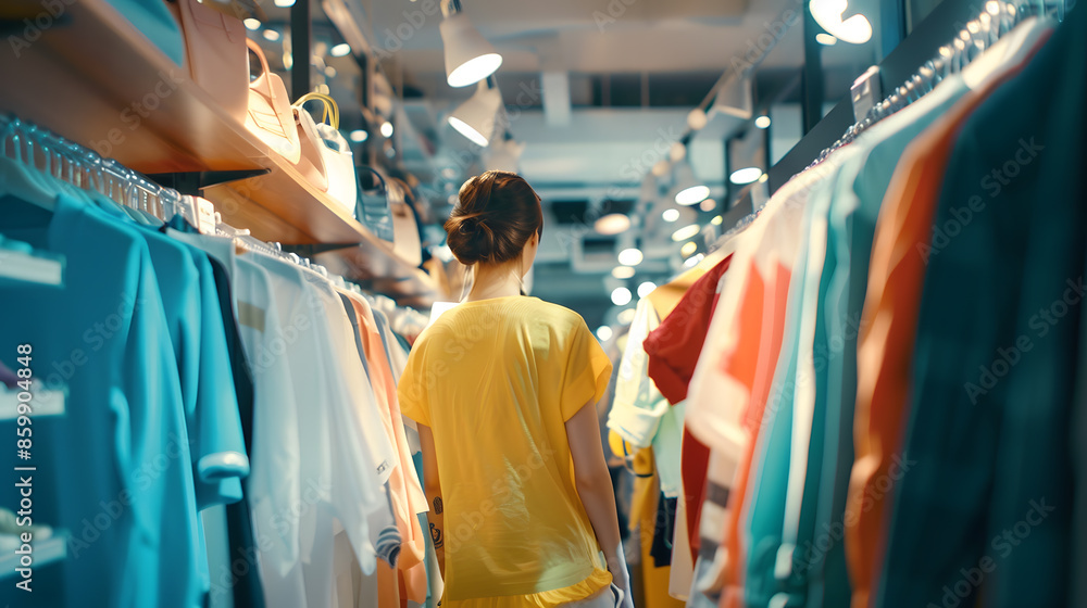 Fototapeta premium Fast fashion Woman shopping in cloth store shopping trendy clothes : Generative AI