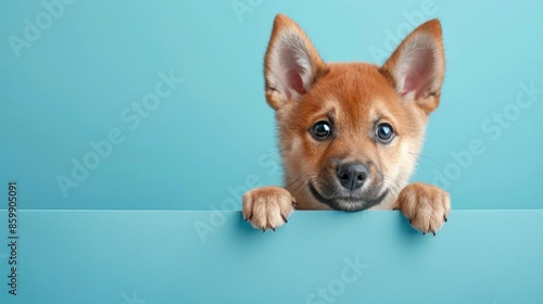 Left close up shot of puppy on a blue studio background © PaulShlykov