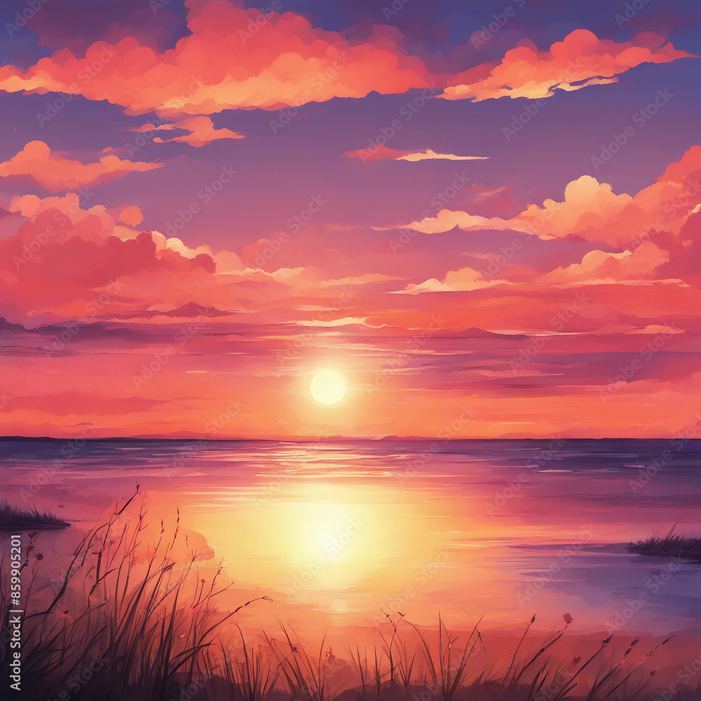 Obraz premium beautiful sunset scenery illustration background