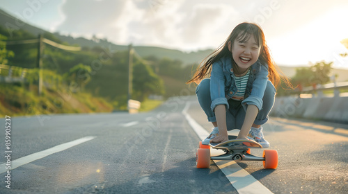 Freedom and happiness Happy asian girl riding her longboard on an empty sunny road laughing and smiling skateboarding : Generative AI