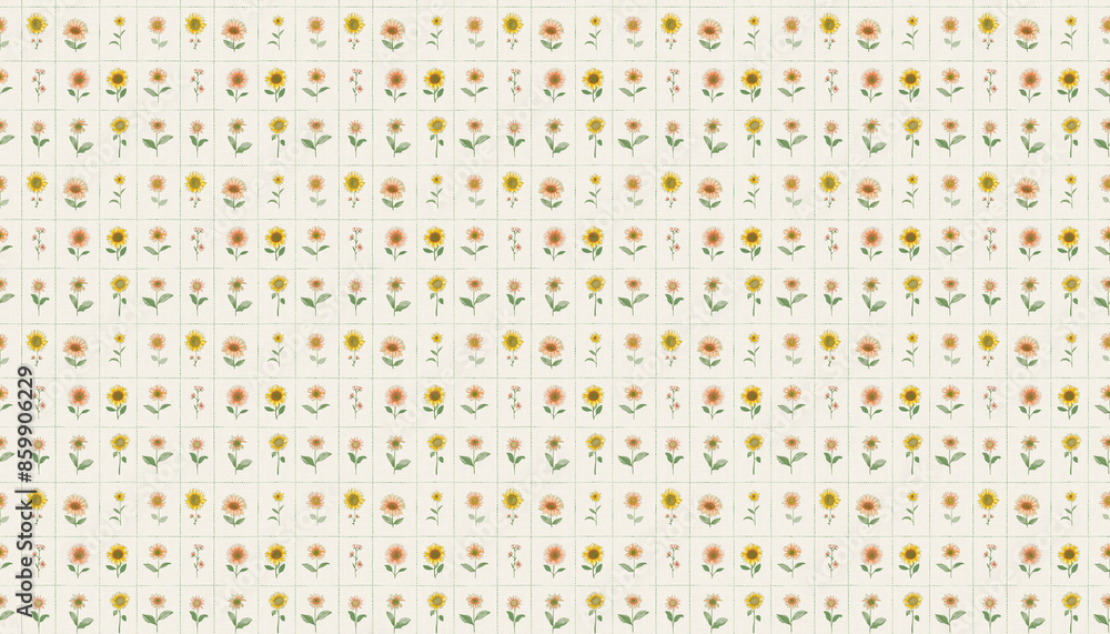 A pattern that features small flowers in grids in light colors on white linen fabric, each grid contains one sunflower from various varieties, the grid is green dotted lines A pattern that features small flowers in grids in light colors on white linen fabric, each grid contains one sunflower from various varieties, the grid is green dotted lines