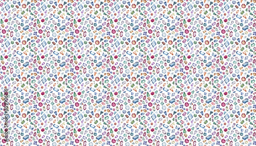 A pattern of colorful gemstones scattered on white background, arranged in random patterns, with no clear outline or shape