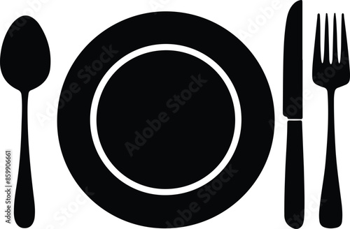 Plate, fork and knife icon in flat style. Food symbol isolated Plate icon. Flat vector illustration in black on white background. vector illustration