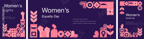Women's Equality Day. August. Set of 3 geometric templates, web banner dedicated to women's history month.Feminism concept.Women's rights history month. Template for background, banner