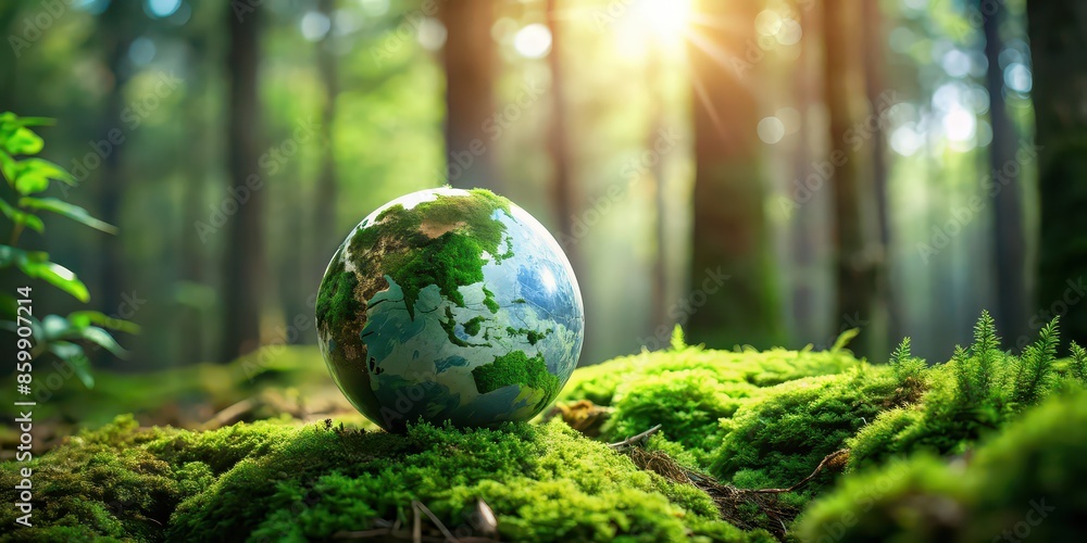 Earth day concept showing a globe resting on moss in a lush forest , environment, green, planet, world map, eco-friendly, conservation, sustainability, nature, earth, global, forest Earth day concept showing a globe resting on moss in a lush forest , environment, green, planet, world map, eco-friendly, conservation, sustainability, nature, earth, global, forest