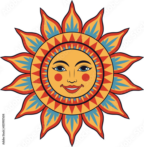 Cute cartoon decorative sun with smiling female face, simple illustration.