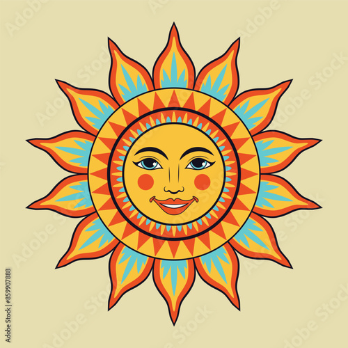 Cute cartoon decorative sun with smiling female face, simple illustration.