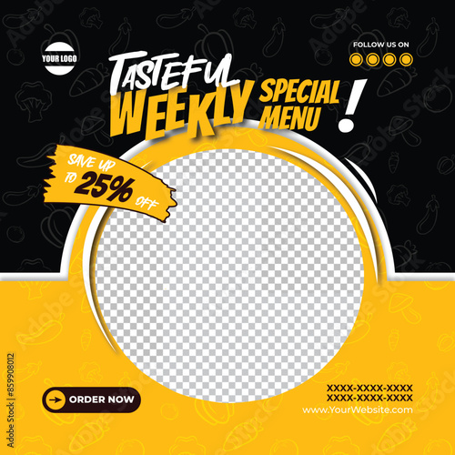 yellow and black tasteful weekly special menu square for social media template