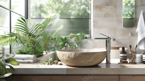 Modern bathroom design with a stone sink, greenery, and natural light.