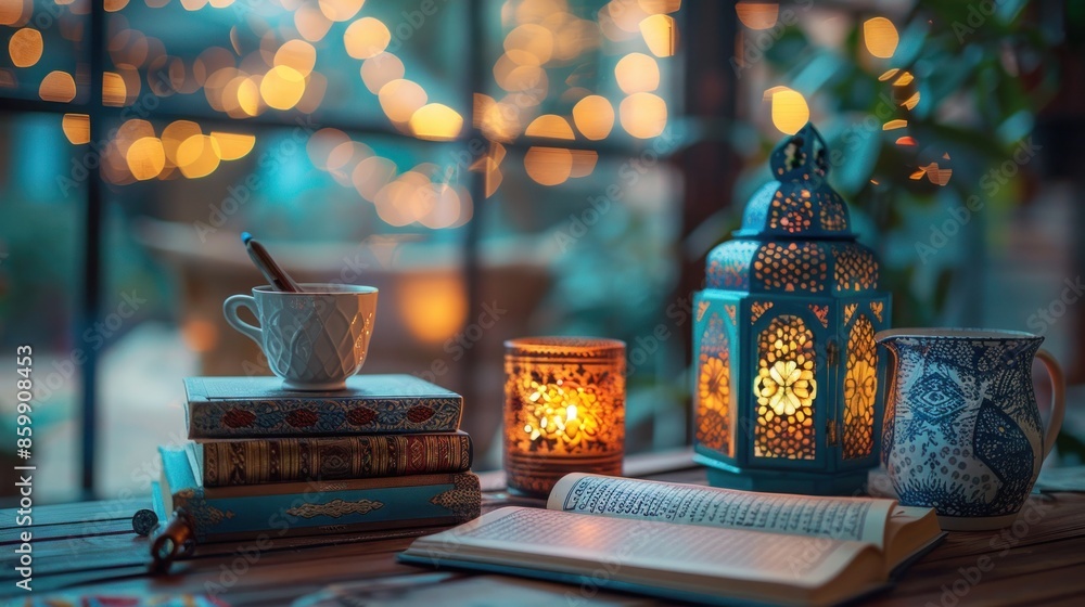 Cozy Evening with Books, Lanterns, and Warm Lights Cozy Evening with Books, Lanterns, and Warm Lights