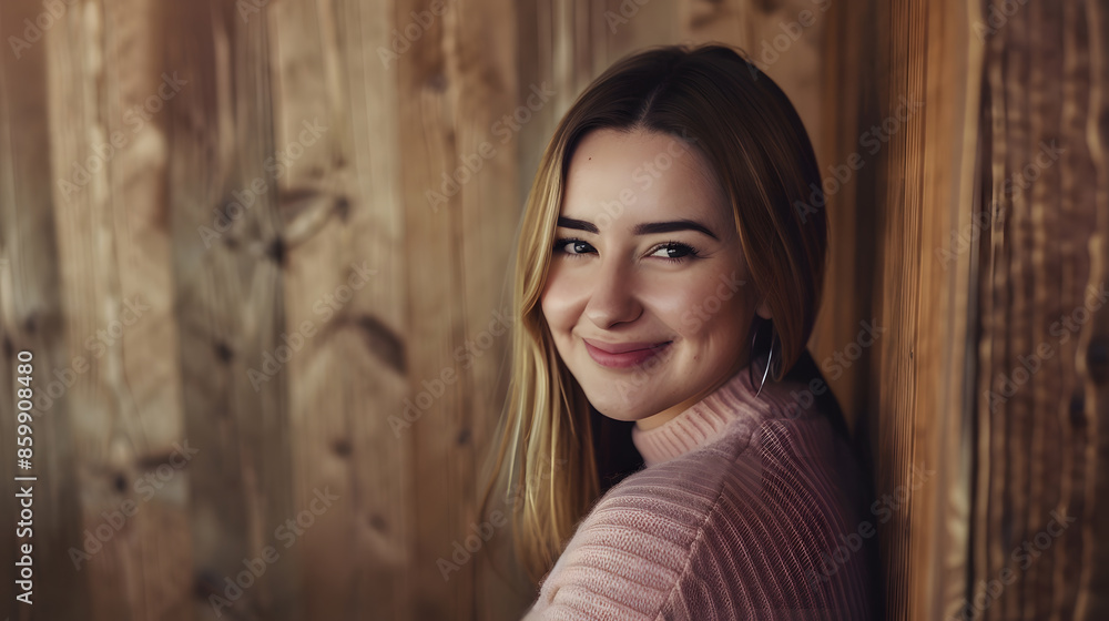 Smiling trendy model posing on wooden background : Generative AI Smiling trendy model posing on wooden background : Generative AI