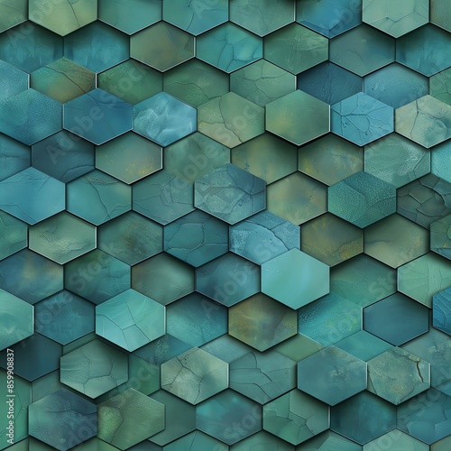 Wallpaper Mural A complex geometric abstract wallpaper with a pattern of overlapping hexagons in varying shades of blue and green, creating depth Torontodigital.ca
