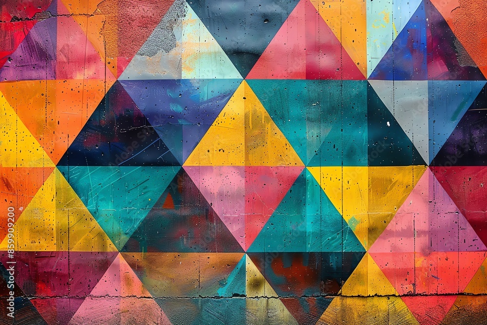 Fototapeta premium A vibrant geometric abstract wallpaper featuring interlocking triangles in bold, contrasting colors, creating a dynamic pattern