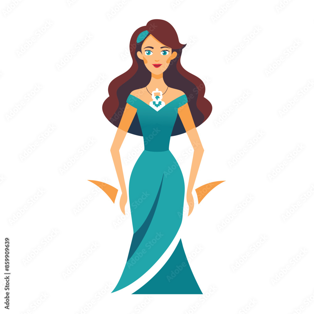A cartoon illustration of a woman with long brown hair wearing a teal dress. She is standing with her hands at her side, and she is smiling. The image is a cartoon style. A cartoon illustration of a woman with long brown hair wearing a teal dress. She is standing with her hands at her side, and she is smiling. The image is a cartoon style.