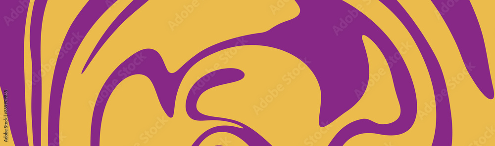 Obraz premium Fluid yellow purple waves. Abstract background with yellow purple waves, retro style. Colorful fluid wavy background in yellow purple color. Distorted liquid texture in retro psychedelic style.