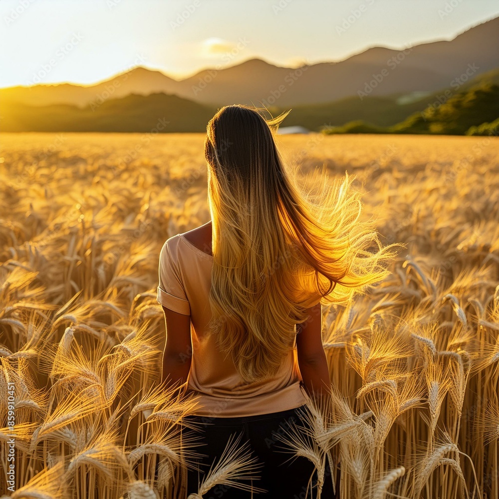 Obraz premium Golden sunset over a wheat field with a woman’s flowing blonde hair, reflecting serene rural landscape