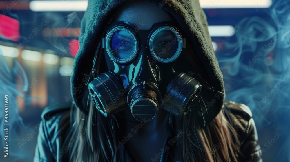 Woman style in a respirator gas mask curses the hood Background wallpaper AI generated image Woman style in a respirator gas mask curses the hood Background wallpaper AI generated image