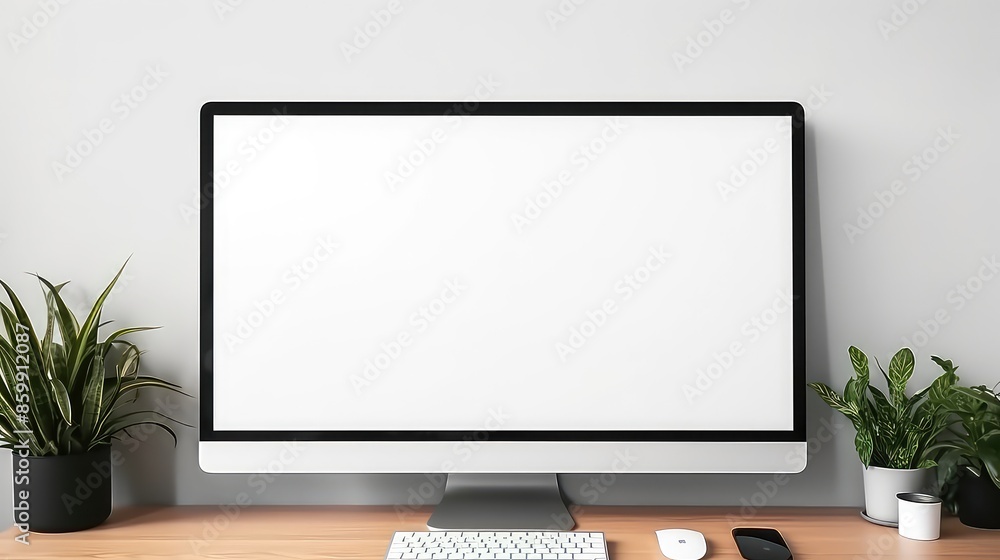 Computer screen mockup on office desk with mouse and keyboard Computer screen mockup on office desk with mouse and keyboard