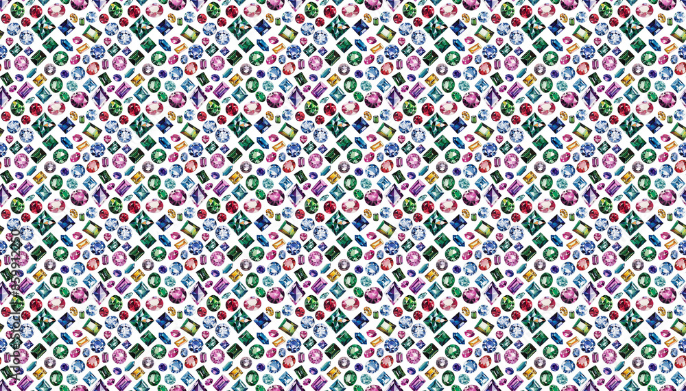 A pattern of colorful gemstones scattered on white background, arranged in random patterns, with no clear outline or shape A pattern of colorful gemstones scattered on white background, arranged in random patterns, with no clear outline or shape