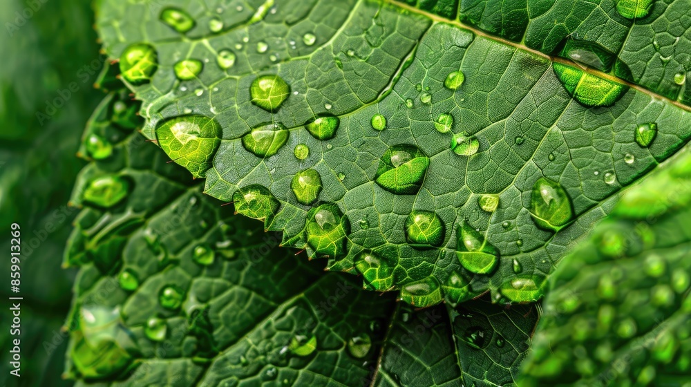 Close up of raindrop covered green leaf Close up of raindrop covered green leaf