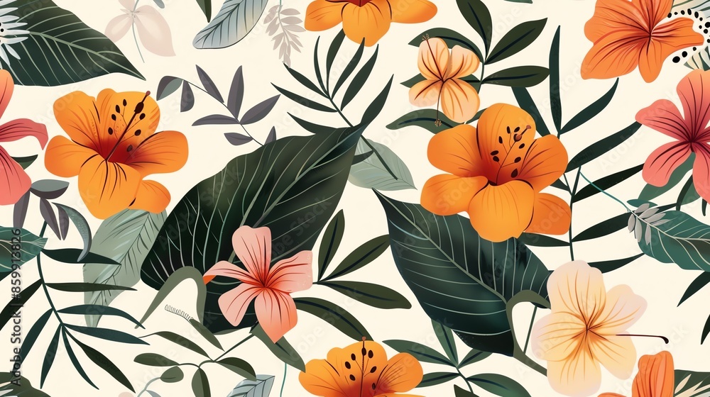 Retro floral pattern with intricate botanical details in vibrant hues Retro floral pattern with intricate botanical details in vibrant hues