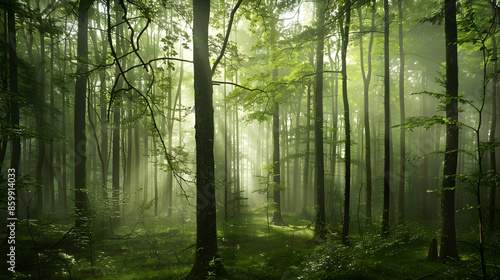 Mystical Morning in the Misty Forest: Ethereal Light Filtering Through Moss-Cloaked Trees