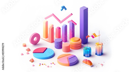 lying composition 3d icon, UI icon, a chart icon, bar chart has a rising arrow on it, bar chart, pie chart, a rising arrow, frosted glass, transparent, white background, transparent technology sense